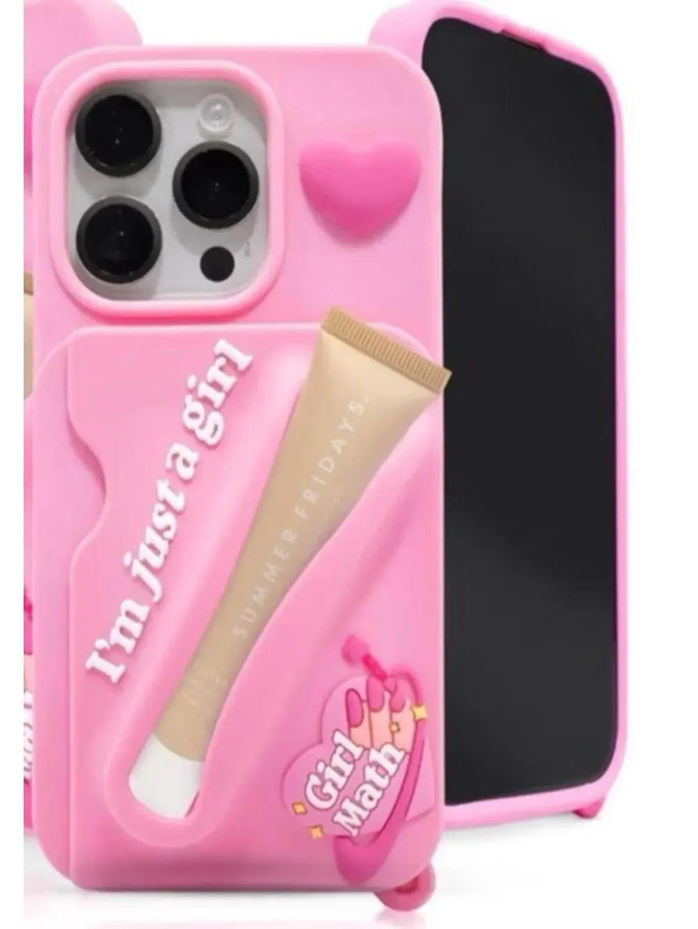 GIRL MATH Grip Gloss Phone Case iPhone 15 Pro Pink Silicone Lip Gloss Holder NEW